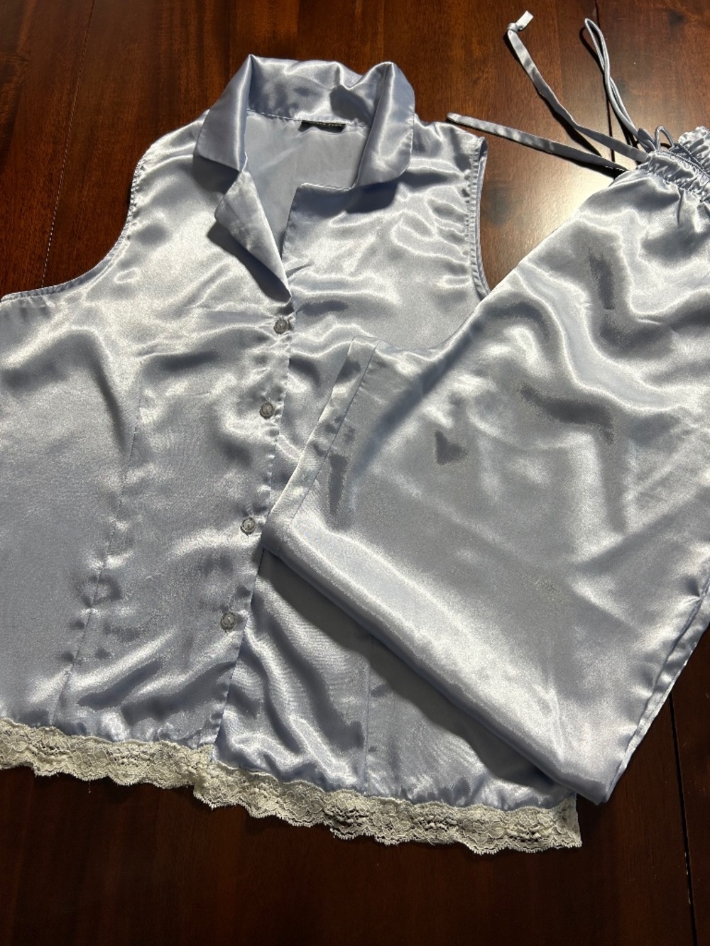 Satin Lace-Trim Sleep Set - Light Silver